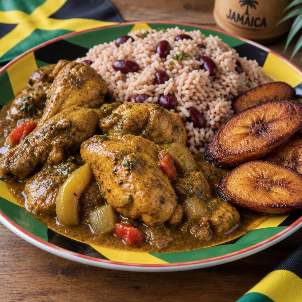 Curry chicken with rice and peas and fried plantains
