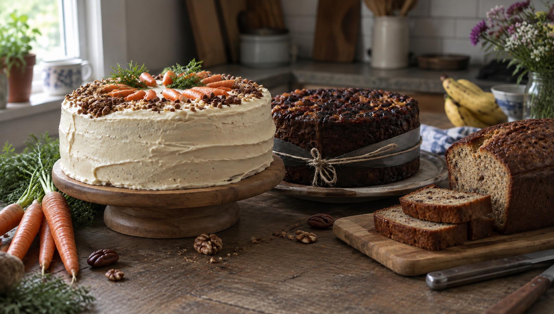 Carrot cake, Jamaican black cake and banana loaf on a rustic table
