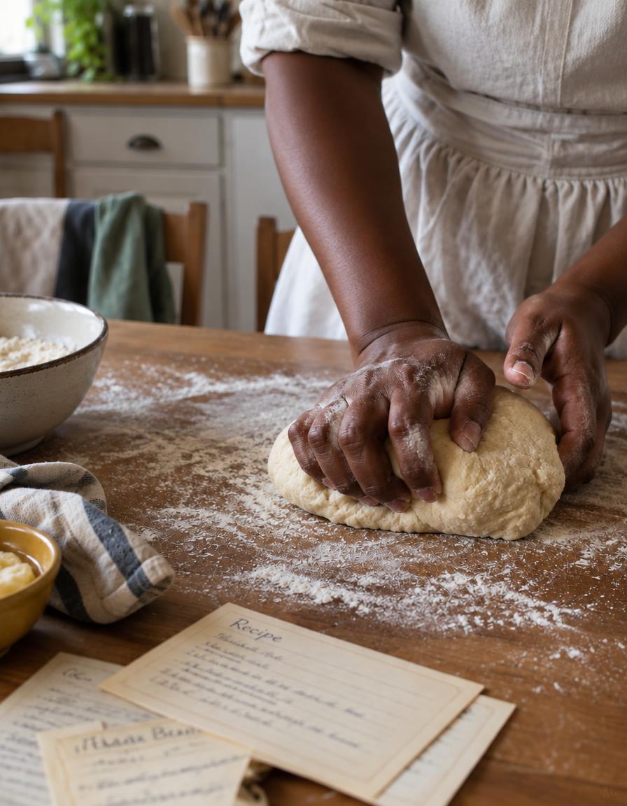Hands kneading dough beside handwritten recipe cards